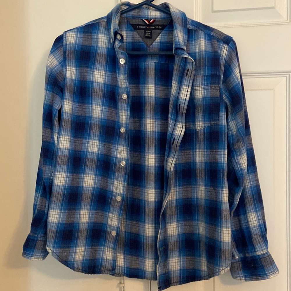 TOMMY HILFIGER dark and light blue with white plaid button up